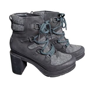 Sorel The Blake Black Leather Gray Felt Ankle Booties w/ Turquoise Lace Size 7.5